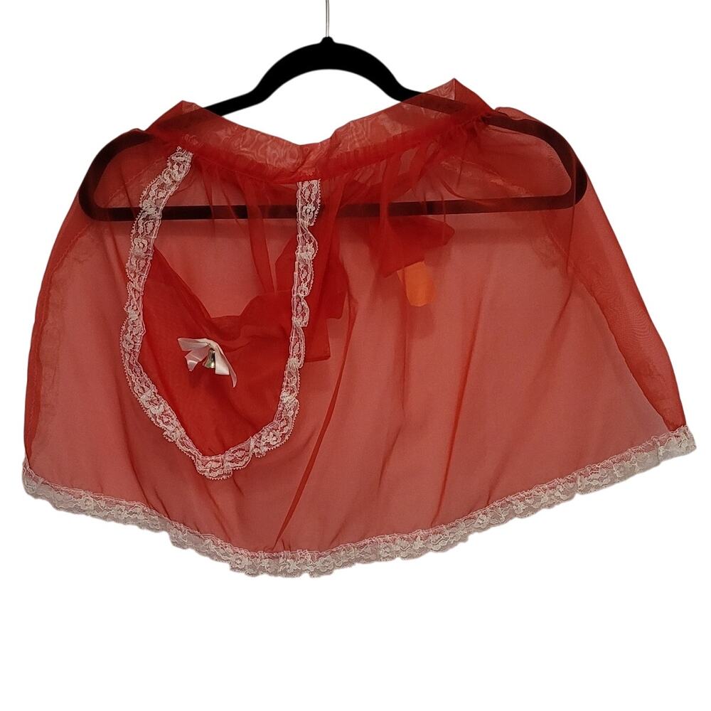 Vintage Red Sheer Apron Lace Trim Bow Lingerie Pinup 50s 60s Maid Costume